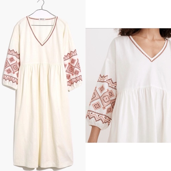 Madewell Dresses & Skirts - MADEWELL Embroidered Balloon Linen Hobo Western Farm Popover Midi Dress Peasant